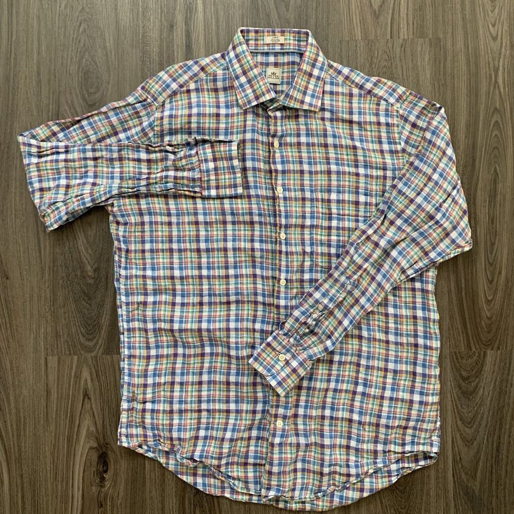 Peter Millar Shirt Mens Large Blue Pink Plaid Button Up Casual Pocket 100% Linen - Picture 2 of 7
